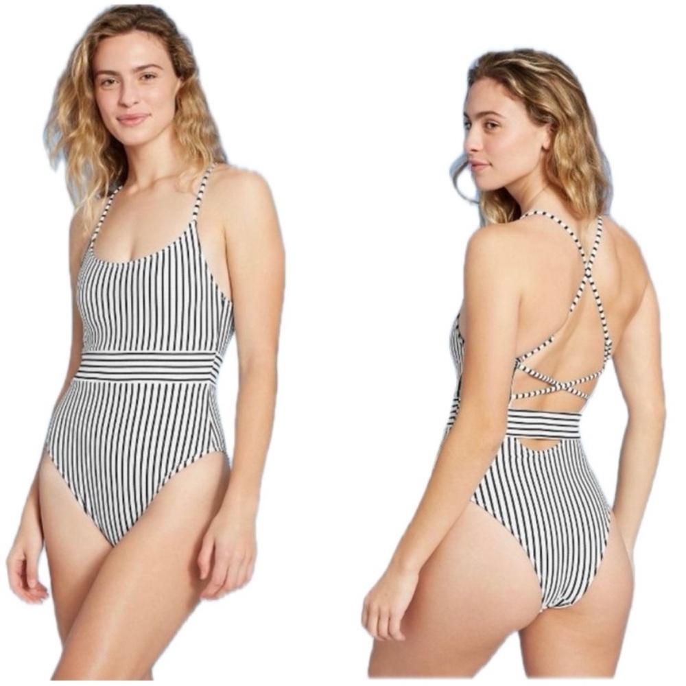 Shade & Shore Striped One Piece Swimsuit L Black White Slimming High Cut - Picture 3 of 5